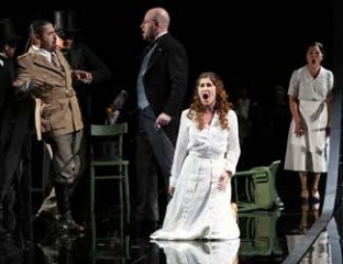 Dalibor Jenis as Miller, Raymond Aceto as Count, Nicole Car in the title role and Eva Kong as Laura in Opera Australia's Luisa Miller.Image courtesy Opera Australia, photo credit Prudence Upton.