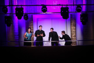 Soloists Amy Moore, Maximilian Riebl, Paul Sutton and Alexander Knight sing di Lasso's Matona Mia Cara from up high