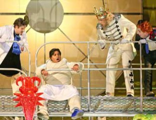 Luke Gabbedy (Pantaloon), Rosario La Spina (The Prince), David Parkin (The King of Clubs) and Kanen Breen (Truffaldino) in Opera Australia's production of The Love for Three Oranges.  Photo credit: Prudence Upton