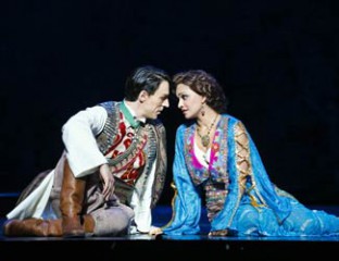 Alexander Lewis as Danilo Danilowitsch and Danielle de Niese as Hanna Glawari in Opera Australia's production of The Merry Widow at the Arts Centre Melbourne. Photo credit Jeff Busby.