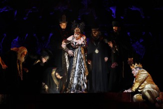Jacqueline Dark as Herodias, John Pickering as Herod and the cast of Opera Australia's production of Salome at Arts Centre Melbourne in 2012. Photo by Jeff Busby.